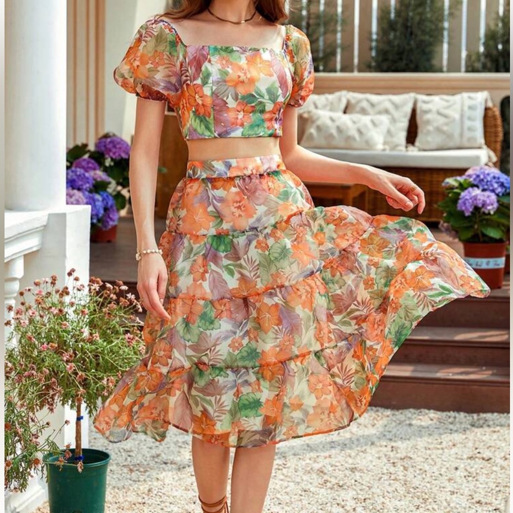 Women Bubble Floral Chiffon Top and Skirt Pair Size Small